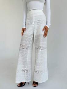 Aloruh Ladies' Regular Waist Hollow Out Flower Embroidered Floor Length Pants, Perfect For Romantic Dates And Vacations - White - View 6