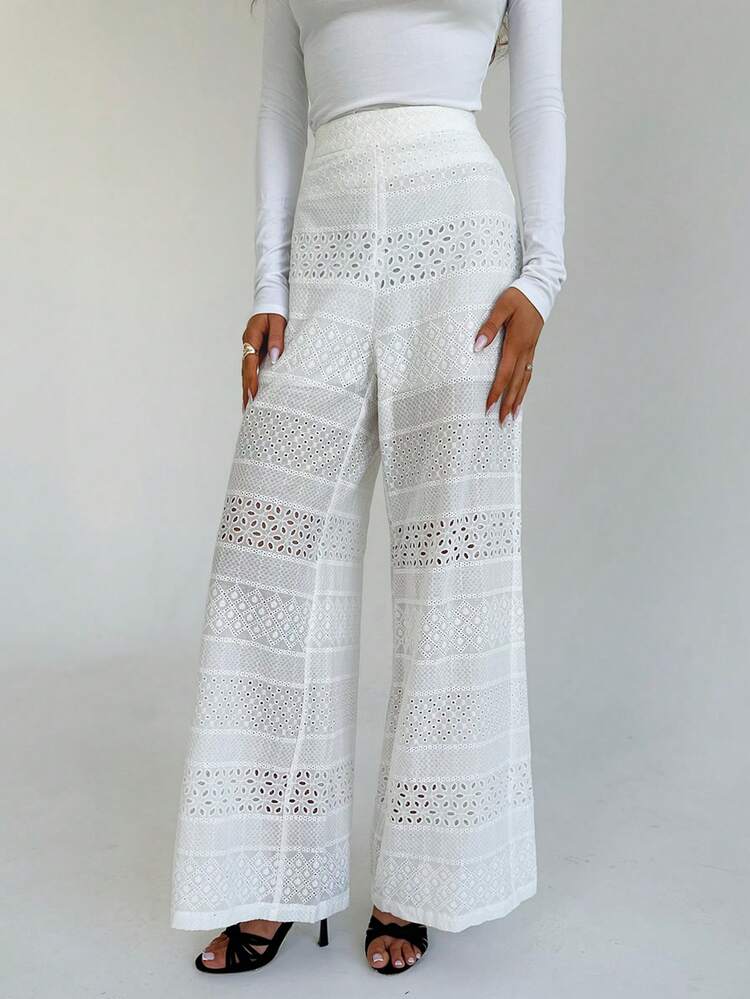 Ladies' Regular Waist Hollow Out Flower Embroidered Floor Length Pants, Perfect For Romantic Dates And Vacations