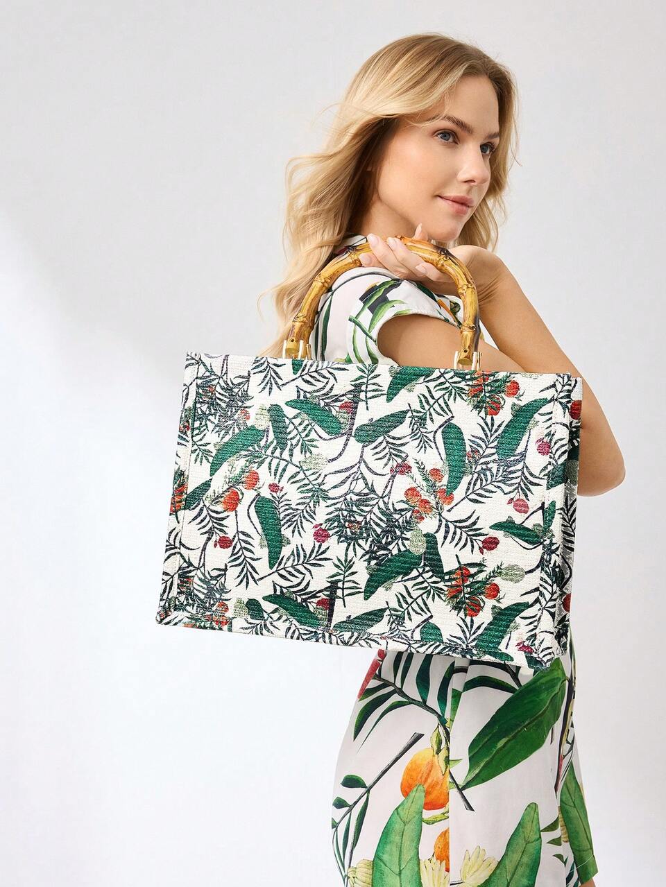 WOMEN'S PLANT PRINTED BAMBOO HANDLE TOTE BAG