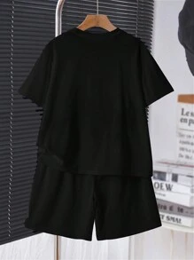 SHEIN Leap Crew Tween Boy Casual Simple Cartoon Dog Printed Round Neck Short Sleeve T-Shirt And Shorts Set, Summer - Black - View 3