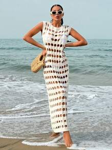 Vestido de punto de cuello redondo de un solo color con diseño calado, para el verano y las vacaciones en la playa