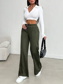 Cottnline Trousers Made Of Knitted Fabric With Ribbed Seams On The Front - Mint Green - View 3