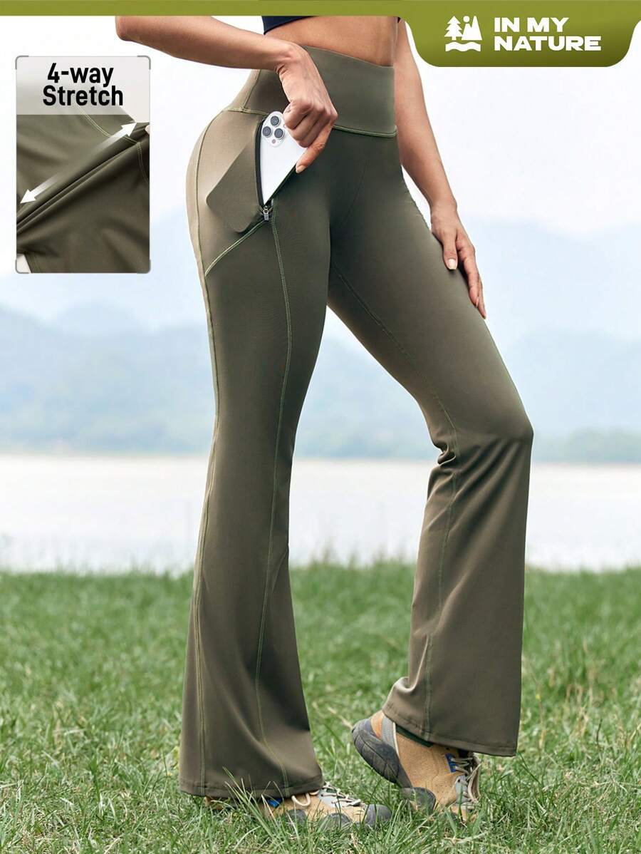 In My Nature 女性時尚高腰修身純色喇叭褲，適用於戶外長褲 - 軍綠色 - 查看 1