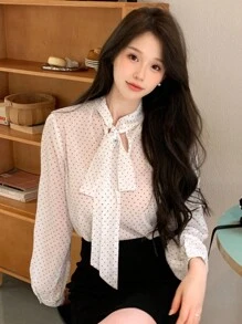 DAZY 波點鬆身長袖女襯衫帶領結 - 白色 - 查看 6