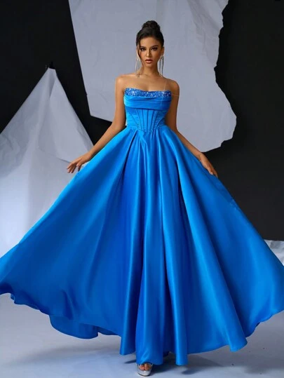Glamrae Elegante, Hermoso y Lindo, Vestido de Noche Largo hasta el Piso de Satén Brillante con Copa de Busto con Costillas en Tela de Lentejuelas Azul Oscuro. Apropiado para Bodas, Festivales, Fiestas, Bailes de Graduación. Vestido de Invitada Formal para Fiesta, Cena y Eventos