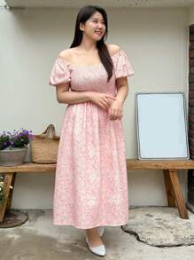 Dazy Petite Plus 大码女装随机印花简约露肩日常连衣裙吊带长裙波西米亚风度假装 - 粉色 - 查看 1