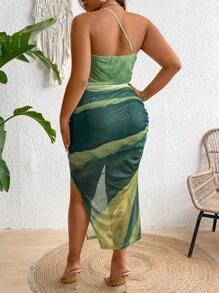 Celure Vestido de verano de talla grande con corte asimétrico en el cuello, hasta el muslo, sin mangas y con estampado tie-dye y aberturas laterales