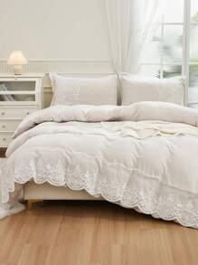 3pcs Beige Synthetic Polyester Bottom Surface With A Mesh Duvet Cover Kit - Beige - View 8