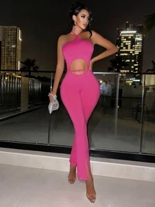 Zolique Hollowed-Out Waist Halter Red Flared Split Jumpsuit - Hot Pink - View 1