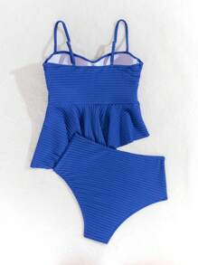 SHEIN Swim Women's Summer Holiday Solid Color Ruffle Hem Tankini With Triangle Briefs Bikini Swimwear Set,Summer Beach - Royal Blue - View 7