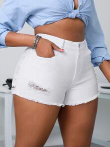 SHEIN SXY Cộng với kích thước dành cho nữ chắp vá có kích thước thô Quần short denim thông thường có túi - trắng - Xem 6