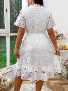 Sunnyshic Plus Size Boho Summer Short Sleeve Dress With Tie Neck, Simple Eyelet Embroidered Ruffle Hem Vacation Beach Outfits Women