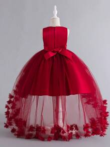 SHEIN Glamorique Kids Young Girl Floor-Length Butterfly Decor Heavy-Duty Mesh Elegant Birthday Party Casual Princess Dress - Burgundy - View 2