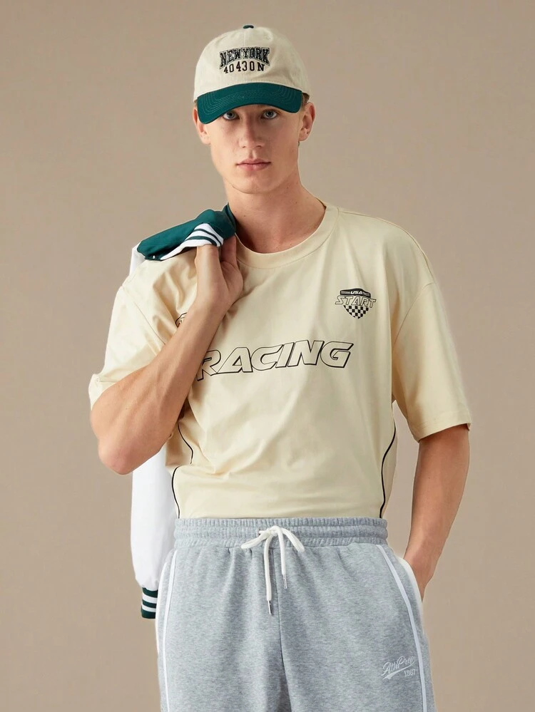 Loose-Fit Men's Letter Printed Knitted Casual T-Shirt