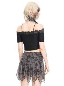 ROMWE Fairycore Lace Trim Ruffle Off The Shoulder Fitted Women's T-Shirt