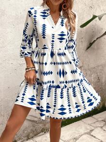 SHEIN Clasi Women's Printed Notched V-Neck Flare Sleeves Ruffle Hem Casual Dress - Multicolor - View 5