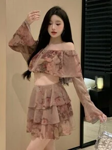 DAZY Women's Fashionable Ruffle Hem Allover Print Chiffon 2pcs Set