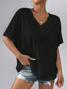 SHEIN Essnce Women's Bamboo  Loose T-Shirt With Batwing Sleeves - Black - View 3
