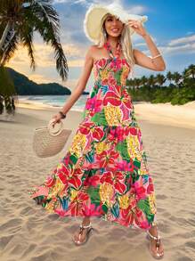 SHEIN VCAY Robe florale d'été pour femmes, style licou, décontractée, de vacances - Multicolore - Voir 4