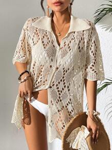 Swim Chiccia 女士纯色镂空领休闲度假短袖和服罩衫，适合夏季分层穿着 - 杏色 - 查看 6
