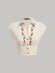 SHEIN MOD Chemise femme ajustée à manches courtes style rétro avec broderie florale, graphique mignon, Top casual d'été pour femmes
