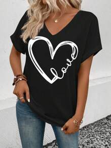 SHEIN LUNE Women's Summer Heart Letter Printed V-Neck Short Sleeve Casual T-Shirt
