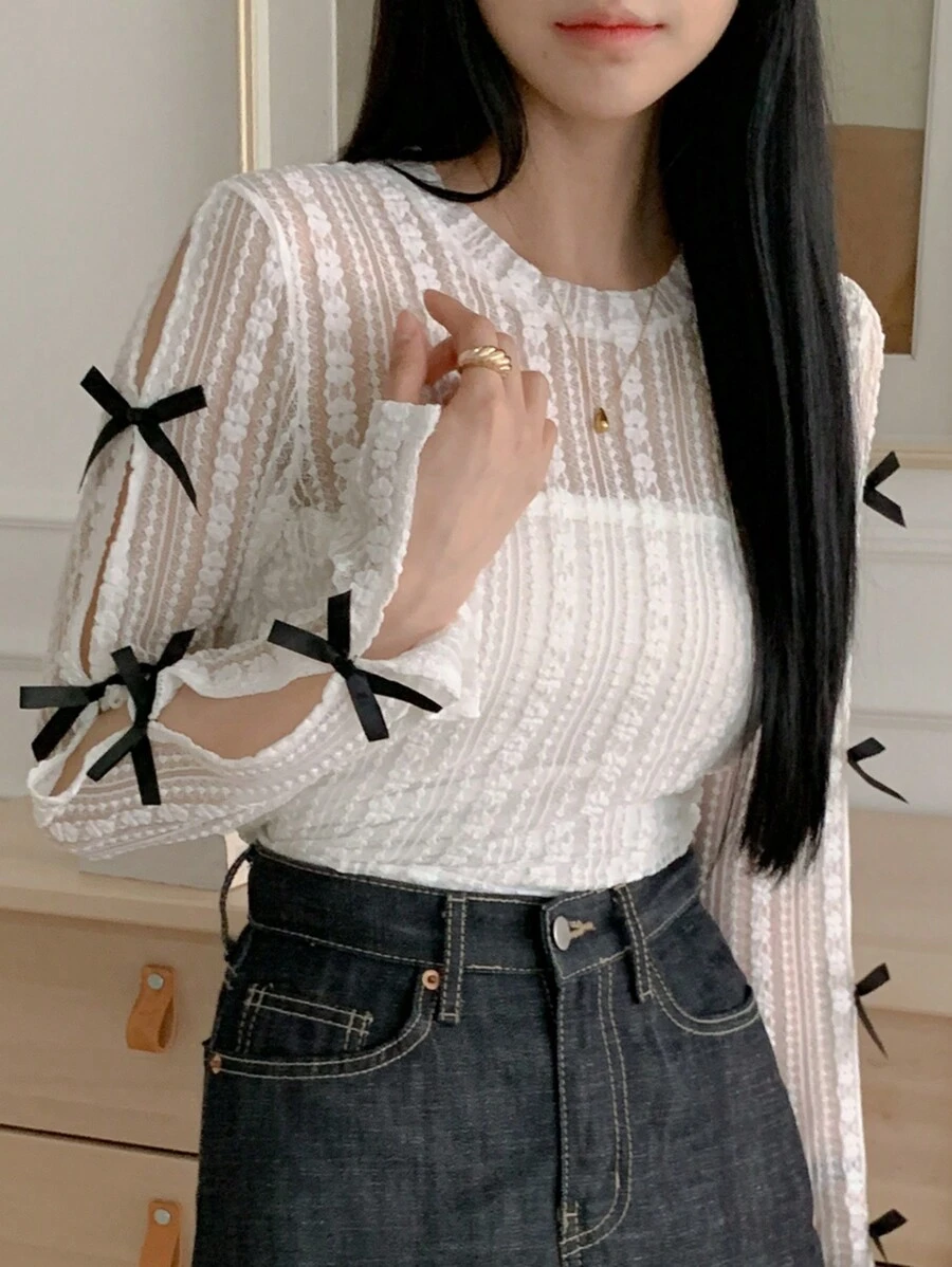DAZY Women's Plain Simple Daily Top With Bow Decoration Summer Long Sleeve Women Tops Valentine's Day - White - View 1