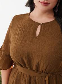 Mulvari Plus Size Solid Color Dress With Ruffled Hem And Waistband, Casual Summer - Brown - View 5