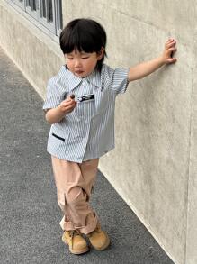 SHEIN Baby Boys' Street Style Fashion College Casual Striped Short Sleeve Shirt And Utility Pants 2pcs/Set For Vacation - Multicolor - View 1