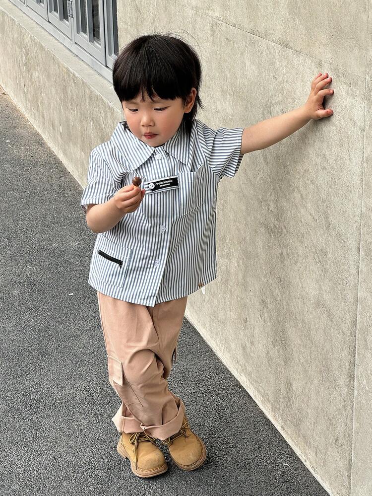 Baby Boys' Street Style Fashion College Casual Striped Short Sleeve Shirt And Utility Pants 2pcs/Set For Vacation