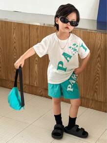 SHEIN 2pcs/Set Young Boy Casual Korean-Style Letter & Graphic Print Crew Neck T-Shirt And Matching Shorts With Pouch For Spring/Summer Wear - Multicolor - View 2