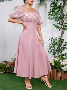 Modelyn 女式優雅短袖方領連身裙，花卉印花和褶皺胸部設計，夏季 - 藕粉色 - 查看 7