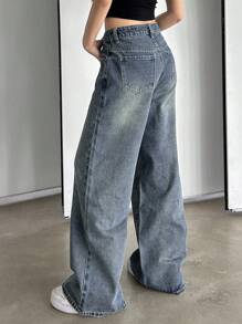 DAZY Vintage Distressed Washed Cat Whisker Light Blue Wide Leg Jeans,Baggy Jeans - Light Wash - View 2