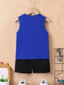 SHEIN Young Boy Casual Simple Heart Printed Sleeveless Tank Top, Summer Getaway, Holiday, Travel, Relax, Sunbathing - Blue - View 2