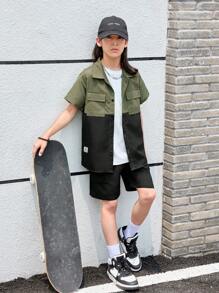 SHEIN Tween Boy Casual Raglan Sleeve Polo Shirt & Solid Color Pocket Shorts Outfit - Multicolor - View 1
