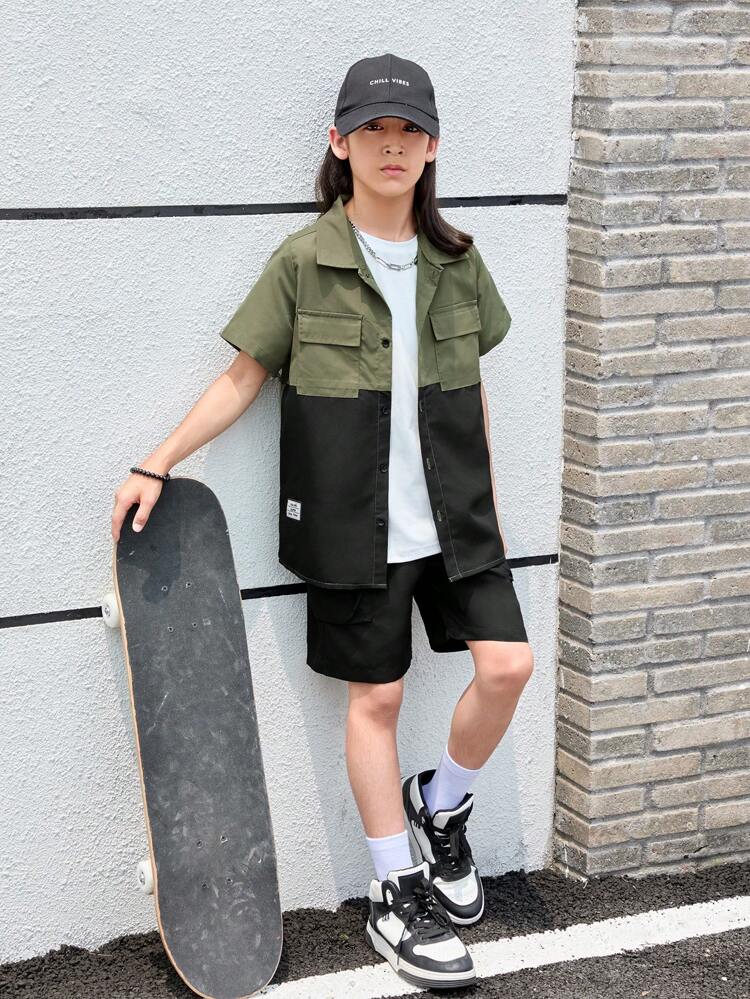 Tween Boy Casual Raglan Sleeve Polo Shirt & Solid Color Pocket Shorts Outfit