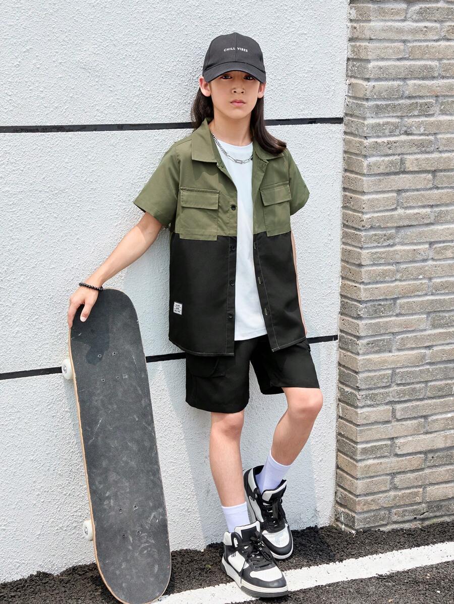 SHEIN Tween Boy Casual Raglan Sleeve Polo Shirt & Solid Color Pocket Shorts Outfit - Multicolor - View 1