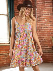 SHEIN LUNE Women's Summer Printed Floral Pattern Spaghetti Strap Holiday Dress - Blue - View 4