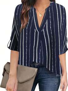 SHEIN LUNE Blusa Con Cuello En V Y Mangas Enrolladas