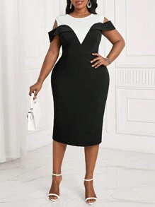 SHEIN Lady Plus Size Women's Graduation Dress, Black & White Color Block Off Shoulder Summer Dress - Black and White - View 6