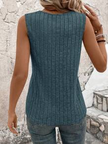 SHEIN LUNE 女士纯色V领罗纹针织背心，适合夏季休闲穿着 - 水鴨藍 - 查看 2