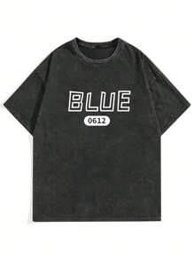 Men's Summer Letter Printed Round Neck Oversized Drop Shoulder Casual Vintage T-Shirt - Black - View 2