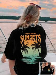 Flirla Plus Size Women T-Shirt For Casual Beach Vacation, Graphic Tee, Women Summer Top
