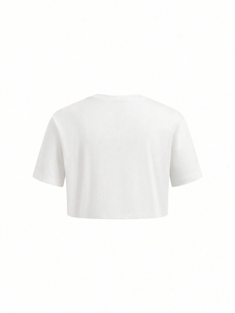 Artist Plus Size Dark Casual Crop Sleeve Printed Round Neck T-Shirt With Cut-Out Design, Graphic Tee, For Summer, Holiday, Vacation, Festival, Ibiza Fits
