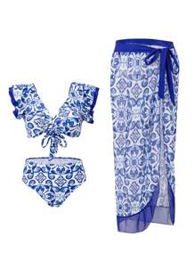 Swim Vcay Set de bikini con estampado floral y falda a juego con volantes para vacaciones de verano (estampado aleatorio) - Multicolor - Ver 3