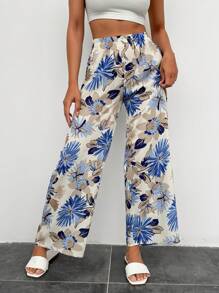RueChic Women's Blue Floral Print  Wide Leg Pants - Blue - View 5