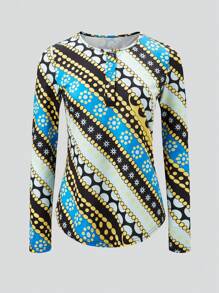 SHEIN LUNE Women's Polka Dot Printed Round Neck Long Sleeve Casual T-Shirt For Spring/Summer