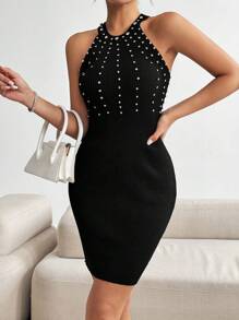 Calvaya Vestido suéter elegante ajustado para mujer con decoración de pedrería y detalle en el cuello