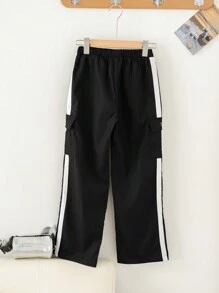 SHEIN Cậu bé Tween Lỏng lẻo Thể thao Dệt hoa Chữ cái Camo Quần Cargo - màu đen - Xem 3