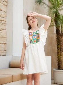 Tween Girls' Casual Academy Style Sweater Dress With Square Collar And Ruffled  Patterned Hemline
